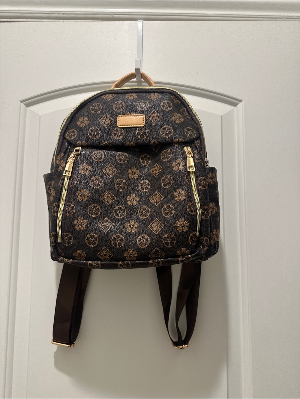 Women's Brown Patterned Mini Backpack with Gold Zippers